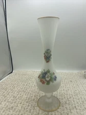 Vintage Frosted  White Satin Glass Stem Bud Vase With Flowers 10” Tall