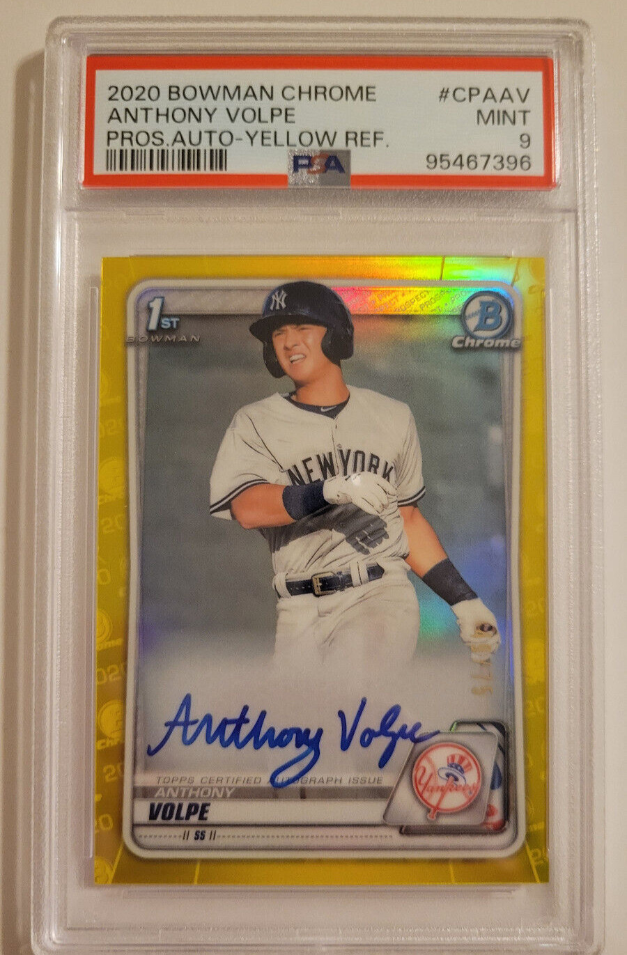 2020 BOWMAN CHROME ANTHONY VOLPE AUTO YELLOW REFRACTOR /75 RC PSA 9