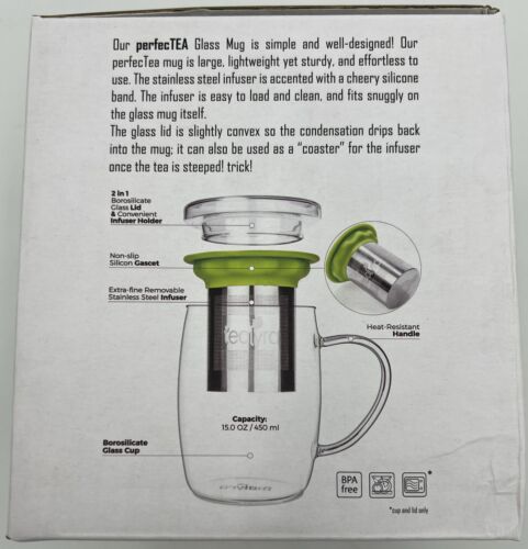 Tea Glass Mug Cup with Stainless Steel infuser Perfectea 15 oz lid, TEALYRA - Picture 3 of 3