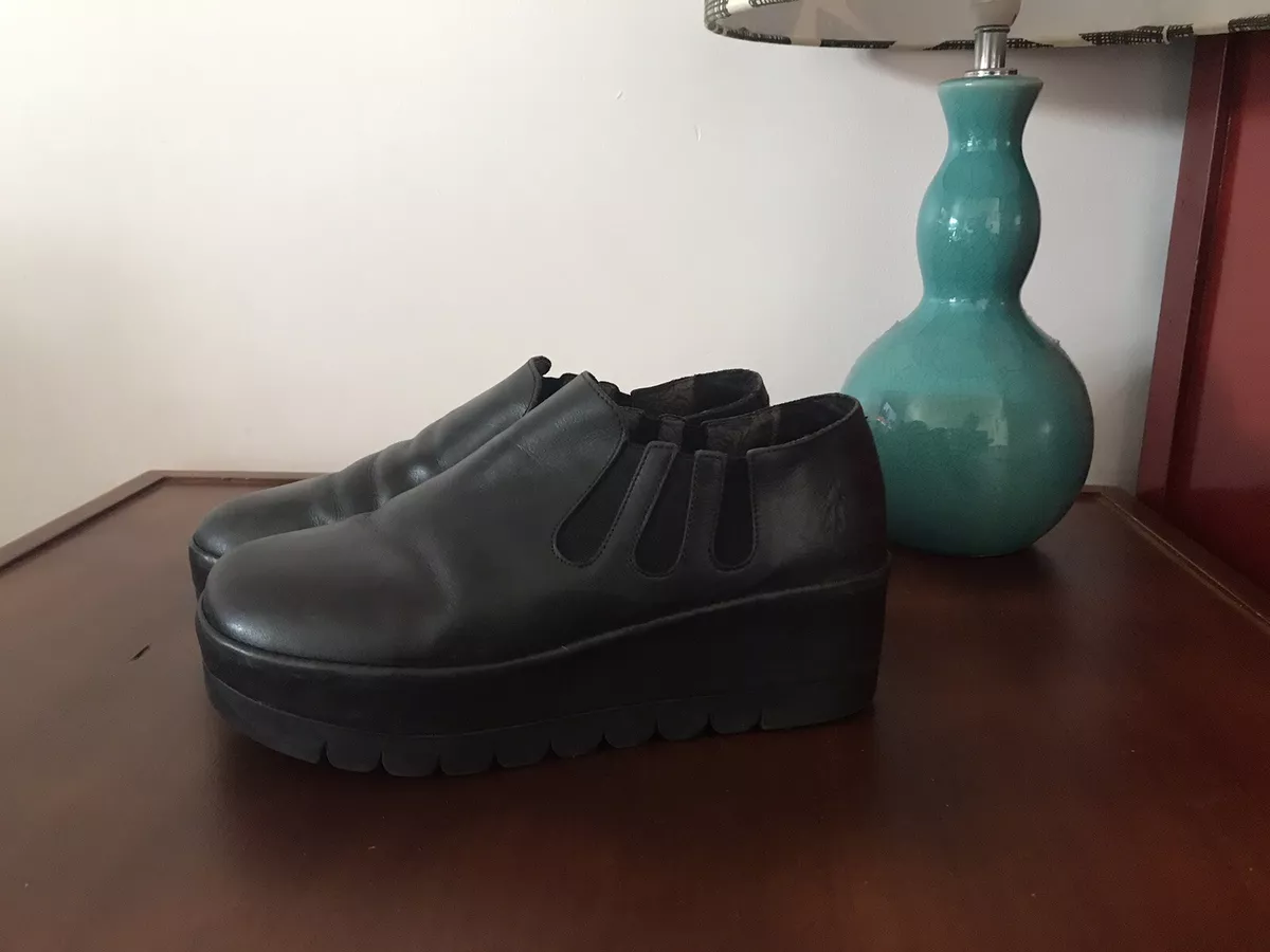 FLY London Black Leather Platform Wedge Shoes EU 7 EUR 40 eBay