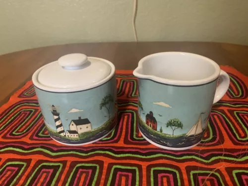 VTG 1998 Warren Kimble by Sakura 'Coastal Breeze ' Creamer & Sugar Set Nautical
