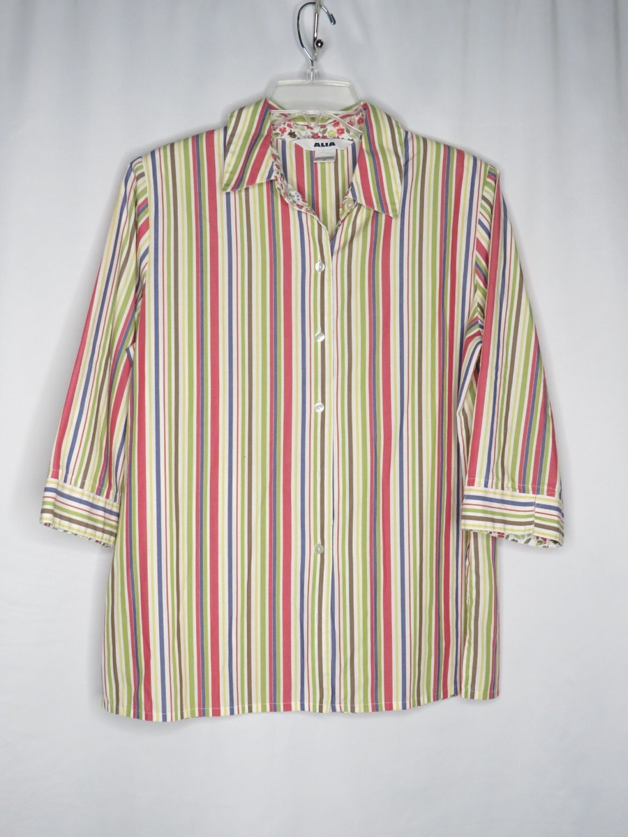 ALIA MULTI-COLOR STRIPE 3/4 SLEEVE BUTTON FRONT BLOUSE SZ 12 #Z266