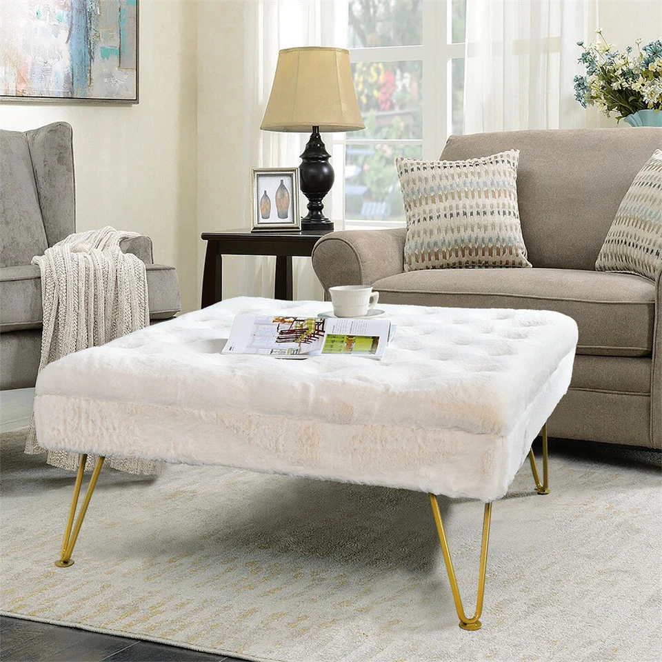 Reposapiés y mesa de centro otomana acolchada de piel sintética de conejo suave de 33" con botones cuadrados Foto 4 de 4