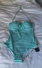 BNWT John Lewis Ladies Size 16 Aqua & White Stripe Halter Neck Swimsuit