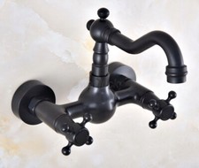 Oil Rubbed Bronze Bathroom Basin Sink Faucet Dual Handles Mixer Tap Wall Mount