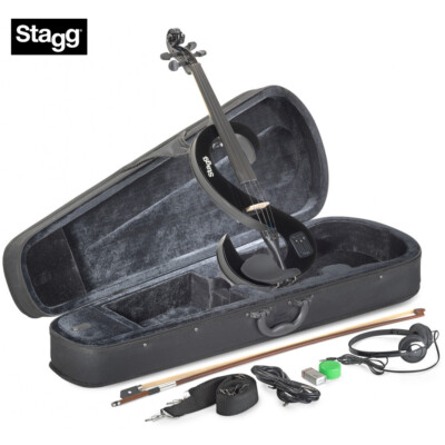 Stagg EVN 4/4 S-Shaped Electric Violin - Black + Case, Rosin, Bow, Headphones