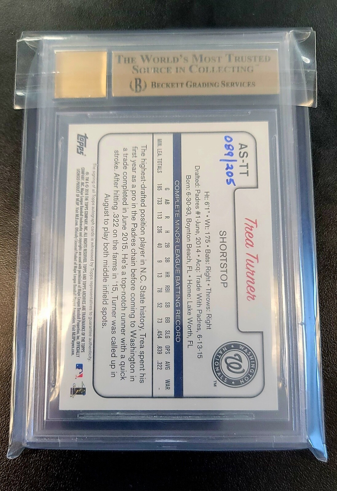 2016 Topps Archives Snapshots Auto Trea Turner #D/205 BGS 9.5 10 Phillies - Picture 2 of 3