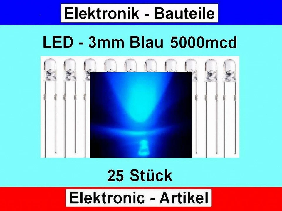 LED - 3mm Blau 5000mcd Lampe Extreme Helle Geführte Glühbirne / 25 Stück Neu - Bild 2 von 4