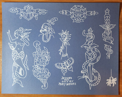Percy Waters Traditional Vintage Style Tattoo Flash Sheet Mermaid, Pirate, USA