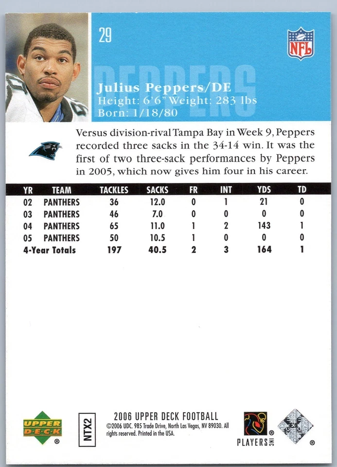 2006 Upper Deck #29 Julius Peppers Carolina Panthers Football Card - Image 2 of 2