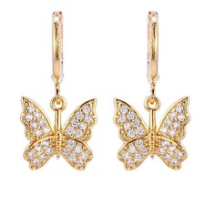 Butterfly Earrings Butterfly Dangle Earrings 14K Gold Small Crystal Butterfly Ho