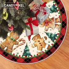 Gingerbread Man Christmas Tree Skirt 48 Inches Lace-up Wreath Bow Snowflake Arti