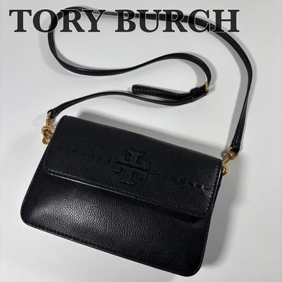 Sac bandoulière Tory Burch McGraw en cuir noir logo doré 23 cm - Photo 1/4