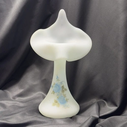 Fenton Jack in the Pulpit Glass Vase Handpainted Blue Roses by Lisa George VTG