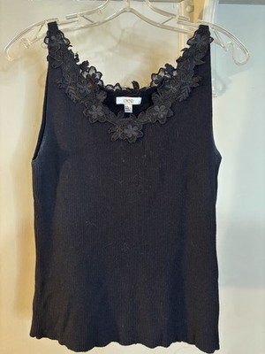 VTG CACHE Black Sleeveless Sweater Floral Appliqué Trim L 90 s Y2K