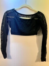 Vaevolution Dancewear Black Mesh Crop Top with Sequin Sleeves - Adult Medium/Sma