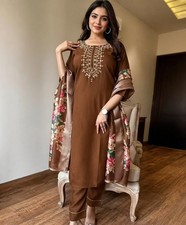 Women Plus Size Cotton Embroidered Kurta Set, Indian Brown Festive Salwar kameez