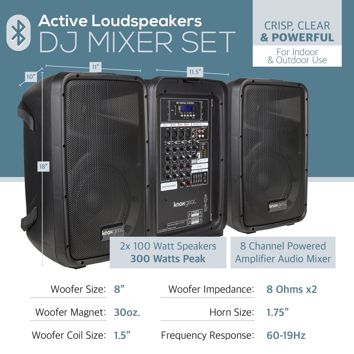 Knox Gear Dual Speaker and Mixer Set–Portable 8” 300 Watt DJ PA