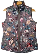 Artisan NY Quilted Floral Puffer Vest Sz S Gray Zip Up Pockets Cottage Boho Chic