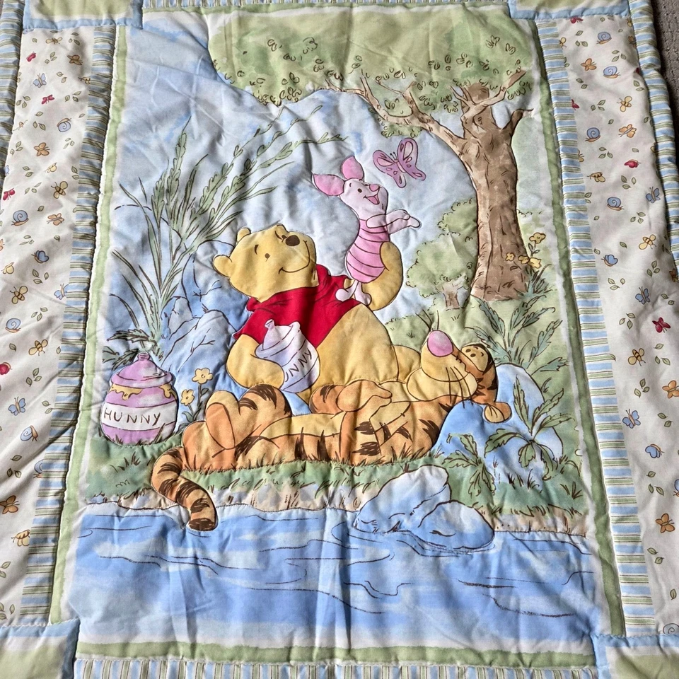 Vintage Winnie the Pooh Quilt Cream Green Pooh Tigger Piglet Blanket 44X34 - Image 4 of 4