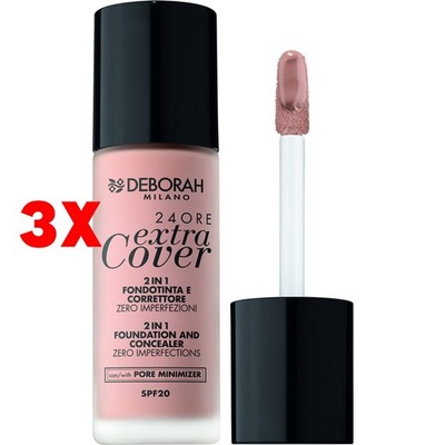 3 x Deborah Foundation & Concealer 24h Extra Cover Nr.01 2in1 Zero Imperfections