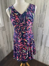 Donna Morgan Dress Fluted Tulip Fit & Flair Bold Abstract Purple Red Pink Sz 12