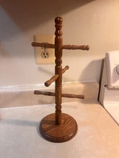 VTG Wood Tree 6-Mug Jewelry Stand Holder 15" Spindle Farmhouse Country Cottage