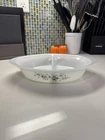Retro Kitchen Vintage Divided Milk Glass Blue Brown Flowers Glasbake 12" Long