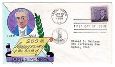 #1105 James Monroe 1958 FDC - William Wright Hand-painted