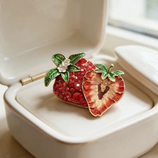 Sparkly Rhinestone Strawberry Brooch Flower Gold Pin Spring Summer Jewelry Gift