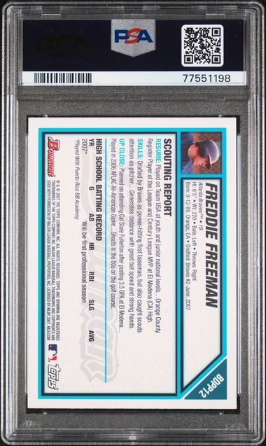 77551198 2007 BOWMAN DRAFT PICKS & PROSPECTS #BDPP12 FREDDIE FREEMAN RC PSA 9 view 2