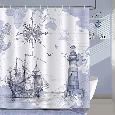  Nautical Sailboat Map Shower Curtain 72 x 72 Inch Ship Compass Lighthouse 