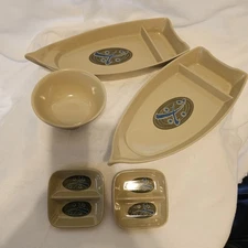 Yamco Melamine 2 Sushi Boats, 2 Compartment Sauce Dishes, 1 Rice Bowl MCM Japan