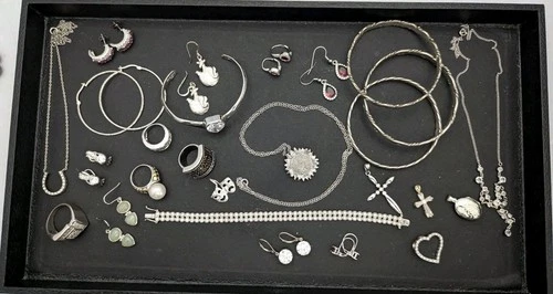 Vtg Mod Silver Tone Costume Jewelry Lot Bangles Necklaces Rings 23 Pc PLATED