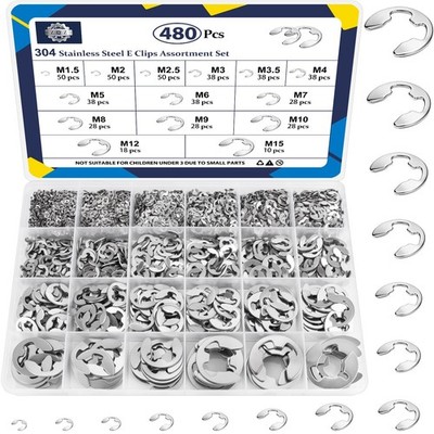 480Pcs E Clips Assortment Kit (M1.5-M15), External Retaining Rings, 14 Sizes ...