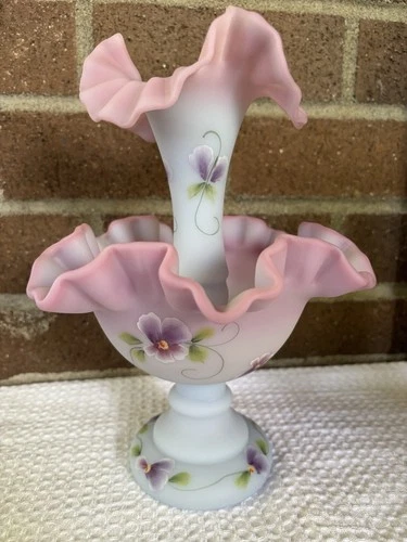 Fenton Blue Burmese Glass Epergne Hand Painted and Signed by Artist