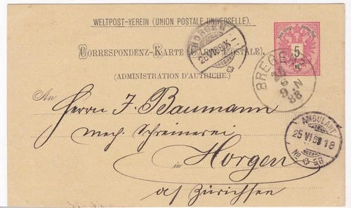 Bregenz,5 Kreuzer,Ganzsache,nach Horgen,Schweiz,1888   (142)