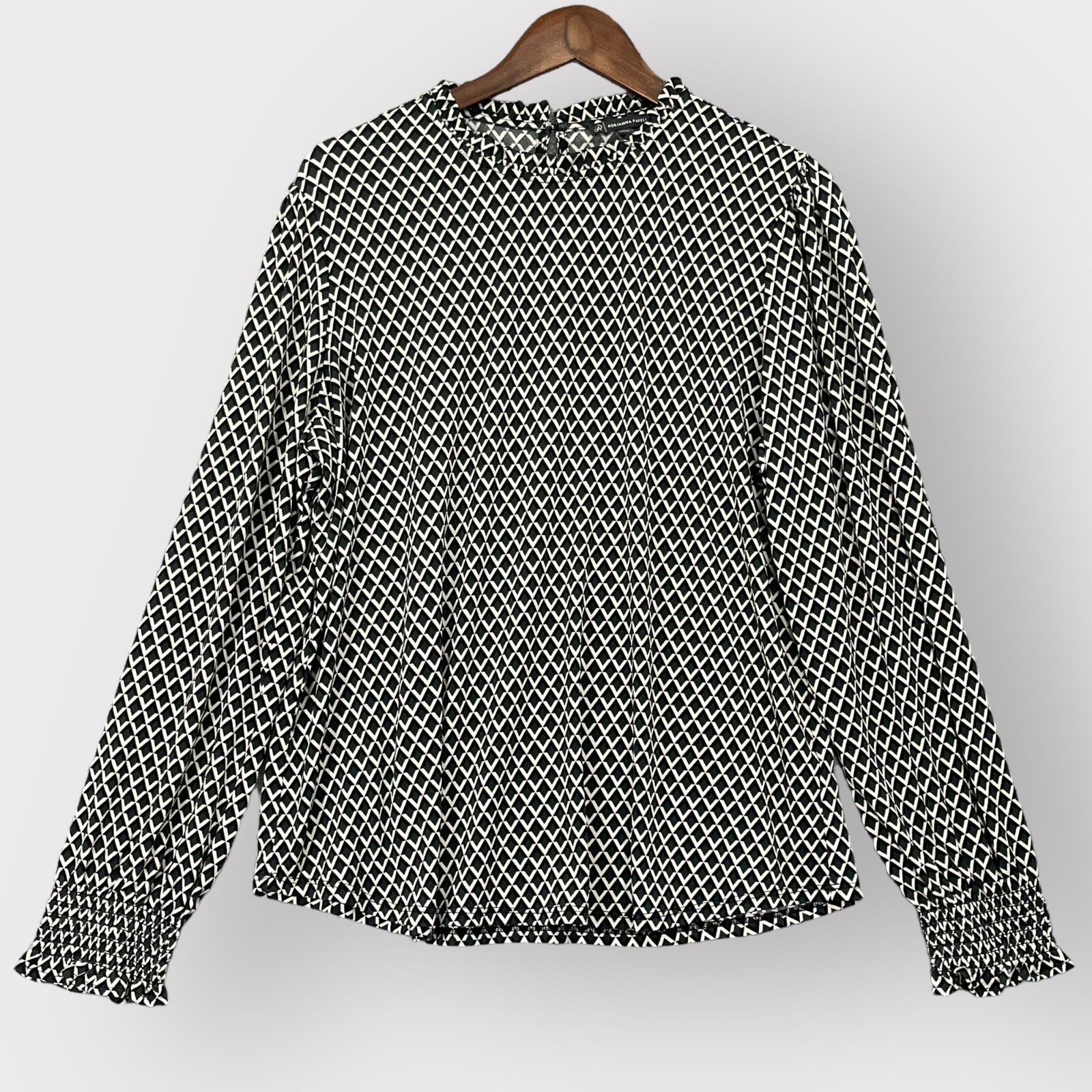 Adrianna Papell Blouse Women XL Dark Green Black White Geometric Long Sleeve V56