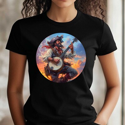 Frauen T-Shirt Pirat spielt Banjo Motiv Baumwolle Größe S bis 3XL