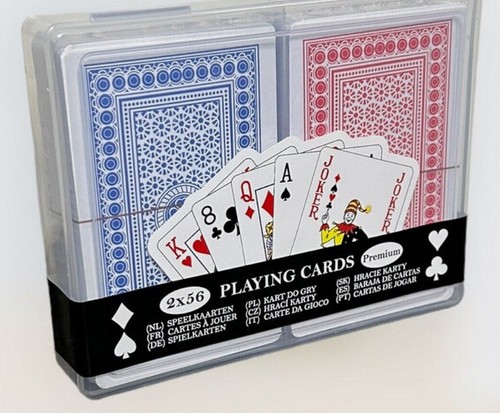 Set 2x 56 carte da gioco carte da poker Romme Skat - blu e rosso - mazzi nuove incl. Custodia - Foto 3 di 3