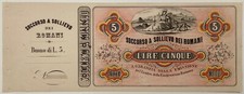 SOCCORSO A SOLLIEVO DEI ROMANI 1867 LIRE 5 BANCONOTA CON MATRICE ANTICHI STATI