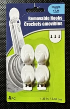 4-Piece Removable Wall Hangers / Hooks White 1.35in Holds 1lb NEW
