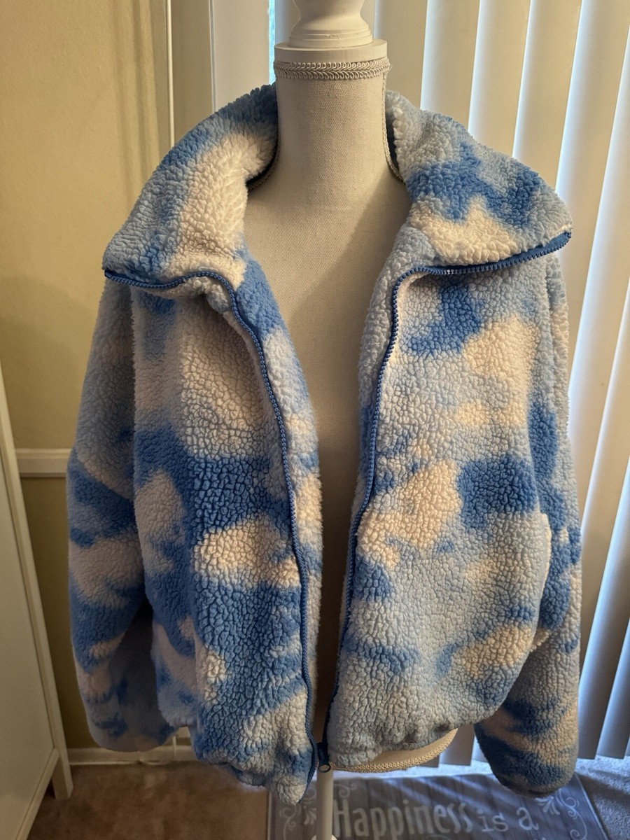 Urban outfitters Blue Olivia Print Sherpa Medium fluffy oversized Jacket