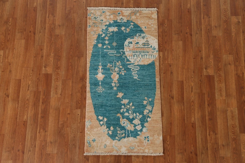 Vegetable Dye Pictorial Teal Blue Oushak Turkish Rug 2x4 ft. Hand-knotted - Image 2 of 4