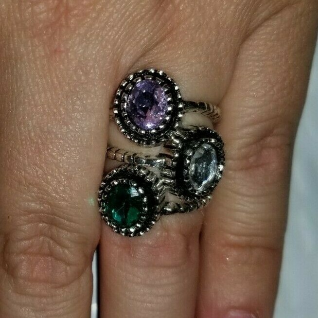 FASHION JEWELRY SILVER MULTI COLOR STONE STACKABLE RING 3 PIECE SET ...
