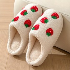 Cute Fuzzy Fluffy Strawberry House Slippers Warm Winter White Memory Foam 8.5