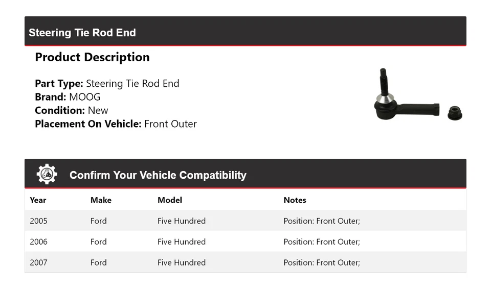 Para Ford Five Hundred 2005-2007 extremo de barra de dirección delantero exterior MOOG 2005 2006 Foto 2 de 4