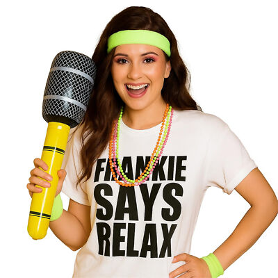 DAMEN 80ER JAHRE KOSTÜM SET FRANKIE SAYS RELAX T-SHIRT RETRO IKONE ZYLINDER HUT FANCY KLEID