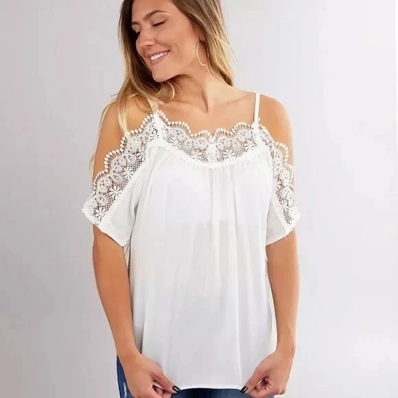 Lace trim cold shoulder top new arrivals