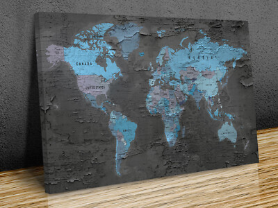 World Map High textured  blue  canvas print art framed or print only